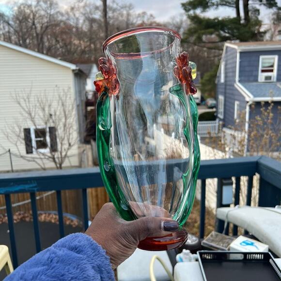 Hand Blown Vase Applied Flowers Green Orange 10.5 in Long - Picture 11 of 11
